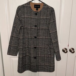 Nanette Lepore Black and Tan Houndstooth Plaid Wool Blend Coat